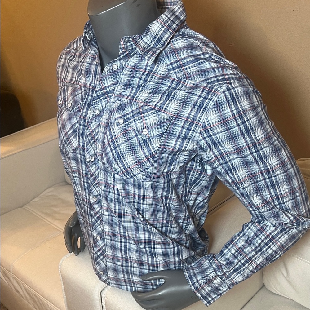 Wrangler Retro Casual Blue Plaid Button-Down Shirt for Men Size XXL - Picture 3 of 10